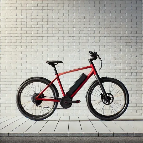 Punainen s&auml;hk&ouml;py&ouml;r&auml; valkoista tiilisein&auml;&auml; vasten.