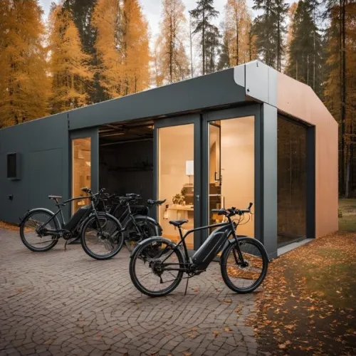 Moderni rakennus mets&auml;n laidalla, edess&auml; kolme s&auml;hk&ouml;py&ouml;r&auml;&auml;, syksyinen tausta.