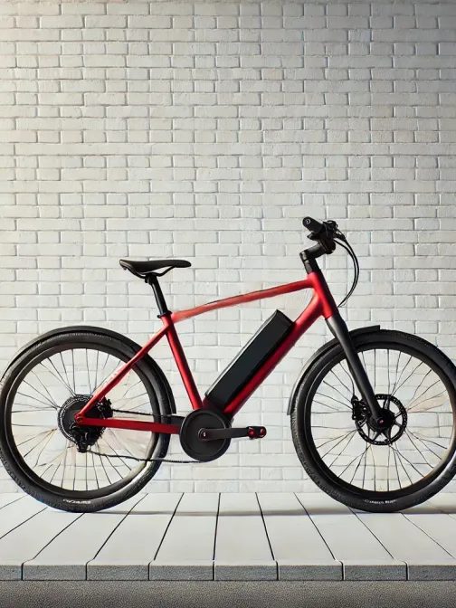 Punainen s&auml;hk&ouml;py&ouml;r&auml; valkoista tiilisein&auml;&auml; vasten.