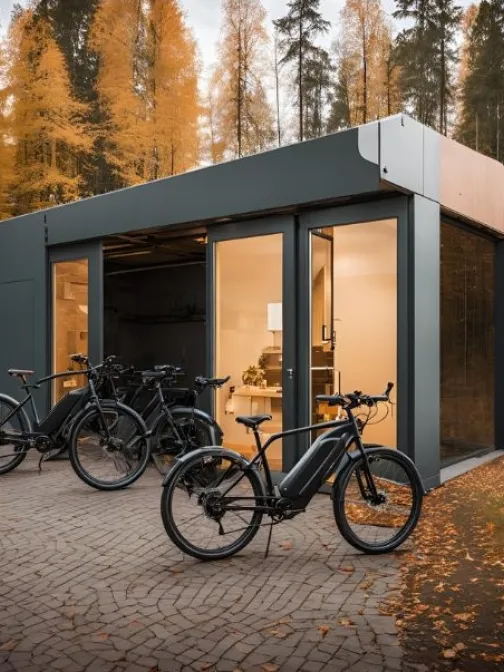 Moderni rakennus mets&auml;n laidalla, edess&auml; kolme s&auml;hk&ouml;py&ouml;r&auml;&auml;, syksyinen tausta.